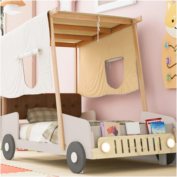 Twin Size Race Car Themed Bed with LED Headlights & Storage Rack, Natural Wood Finish, No Box Spring Needed