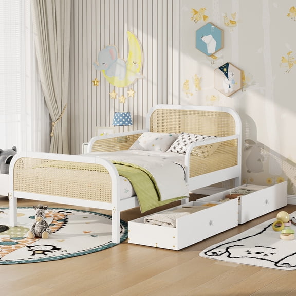 Twin Size Rattan Bed with Storage Drawers, White Wood Platform Bed Frame, Boho Cane Bed with Slat Support, No Box Spring Needed