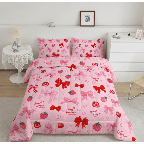Twin Size Red Bow Comforter Set Cute Ribbon Bowknot Bedding Sets Princess Style Strawberry Printed Light Pink Room Decor for Kids Girls 3Pcs
