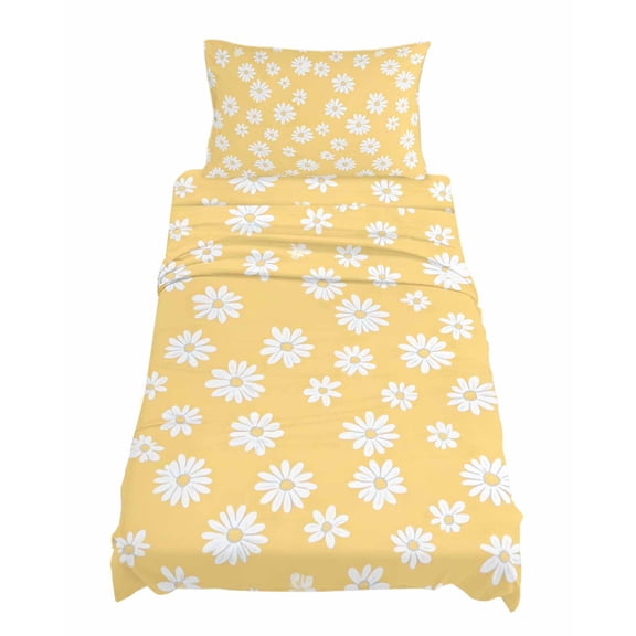 Twin Size Retro Daisy Sheet Sets White Floral Yellow Backdrop Soft Breathable Microfiber Bed Sheets Deep Pockets 4 Piece Bed Sheets Set, 1 Fitted Sheet, 1 Flat Sheet & 1 Pillowcases