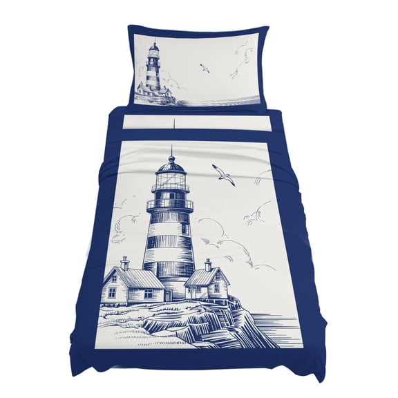 Twin Size Retro Lighthouse Sheet Sets Seagull Ocean Vintage Blue Lines Art Soft Breathable Microfiber Bed Sheets Deep Pockets 4 Piece Bed Sheets Set, 1 Fitted Sheet, 1 Flat Sheet & 1 Pillowcases