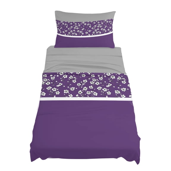 Twin Size Retro Purple Sheet Sets Gray Floral Striped Pattern Stitching Art Soft Breathable Microfiber Bed Sheets Deep Pockets 4 Piece Bed Sheets Set, 1 Fitted Sheet, 1 Flat Sheet & 1 Pillowcases