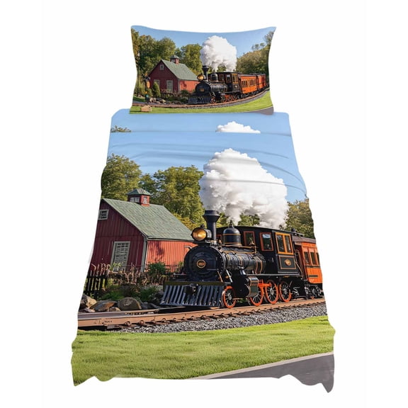 Twin Size Retro Sheet Sets Train Motor Vehicle Building Sky Grass Country Scenery Soft Breathable Microfiber Bed Sheets 4 Piece Bed Sheets Set, 1 Fitted Sheet, 1 Flat Sheet & 1 Pillowcases