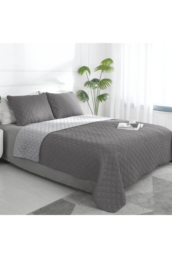 Twin Size Reversible Quilt Set with 1 Quilt and 1 Pillow Sham, Soft Bed Quilt Cover, Water Resistant Lightweight Microfiber Bedspread, Stain Resistant, Beige/Beige