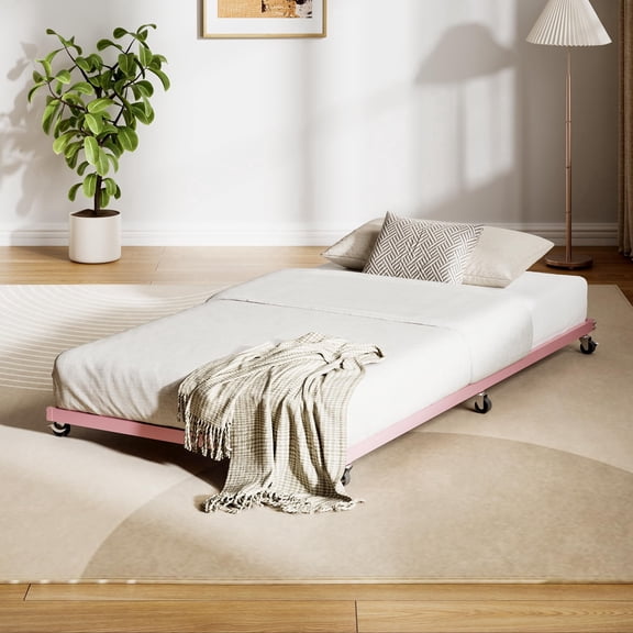 Memoryfield Twin Size Roll-Out Trundle Bed Frame, Metal Frame with Wheels & Slat Support, Pink