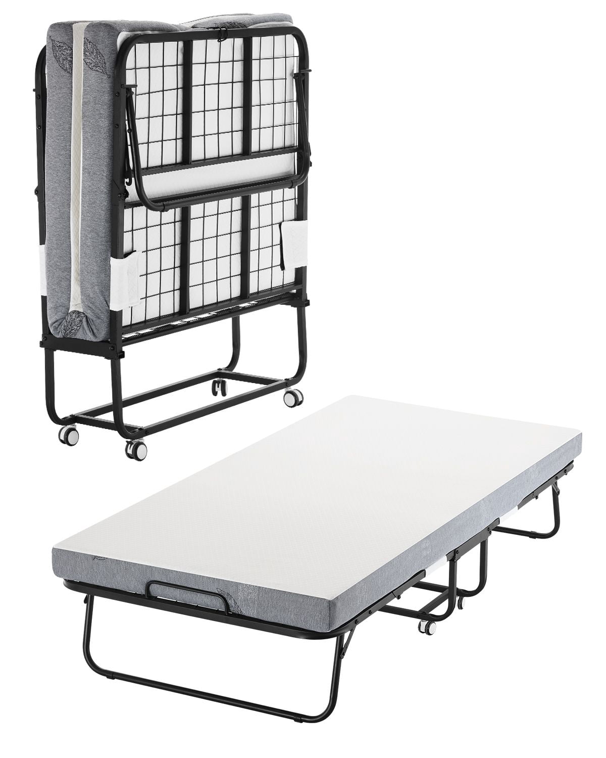 Portable Rollaway Bed for Adults, Twin 38"x75" Foldable Frame with 4 Inch Memory Foam Mattress, Space-Saving Guest Sleeping Solution