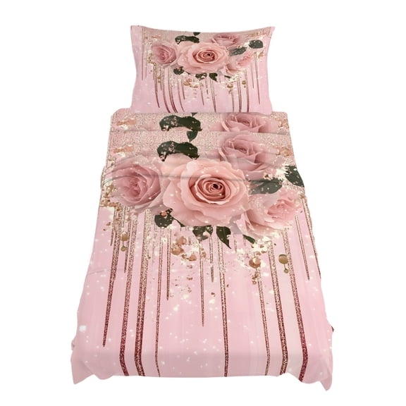 Twin Size Rose Flower Sheet Sets Floral Gold Glitter Pink Background Soft Breathable Microfiber Bed Sheets Deep Pockets 4 Piece Bed Sheets Set, 1 Fitted Sheet, 1 Flat Sheet & 1 Pillowcases