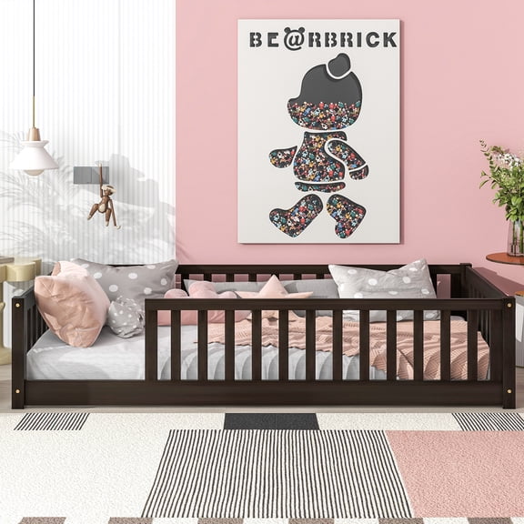 Twin Size Rubber Wood Floor Bed with Full Safety Fence No Door, Espresso Montessori Floor Bed with Guardrails, Platform Bed with 7 Support Slats, for Toddler Kids Bedroom