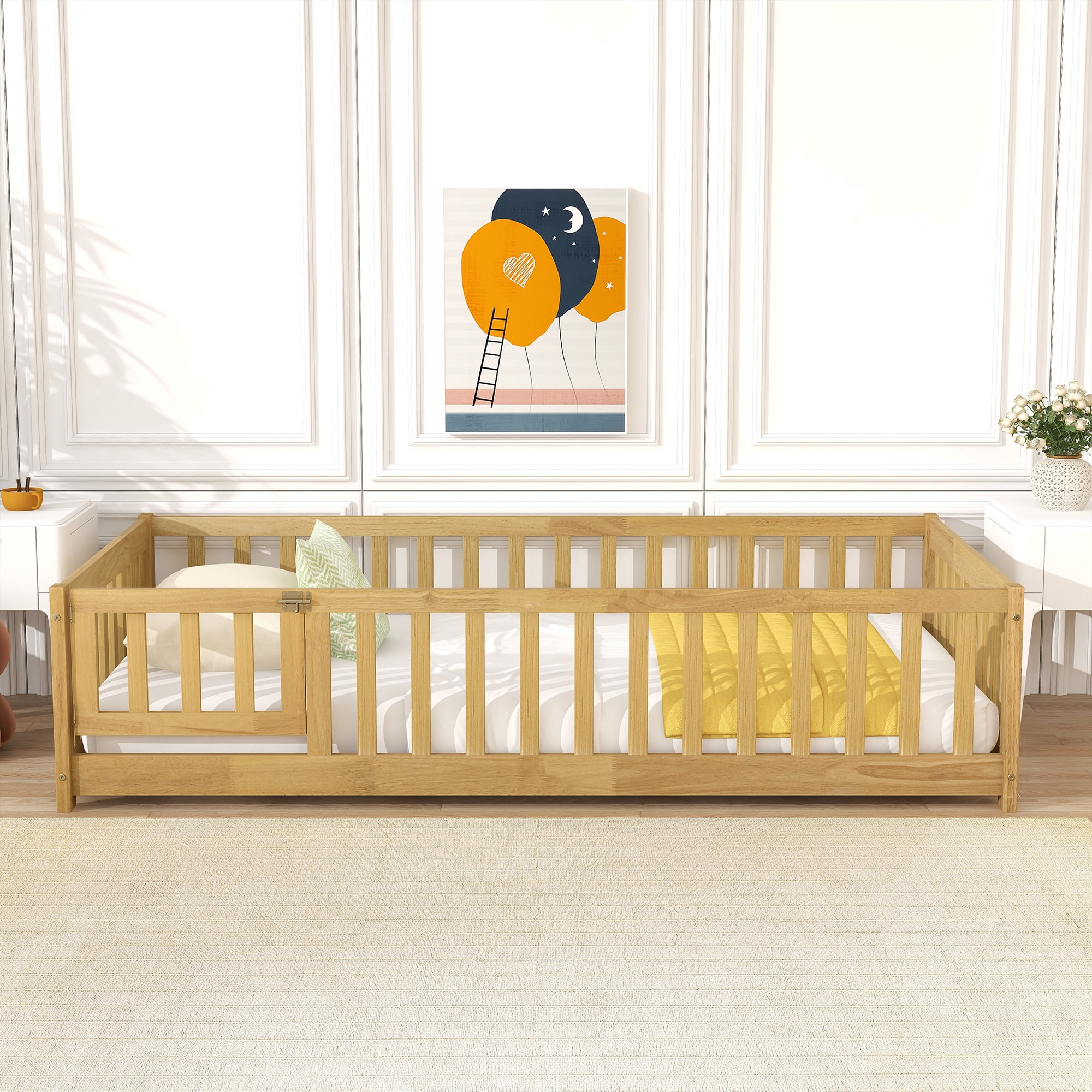 Twin Size Rubber Wood Floor Bed with Fence & Door, Montessori Floor Bed with Safety Guardrails, Natural Finish, No Box Spring Needed