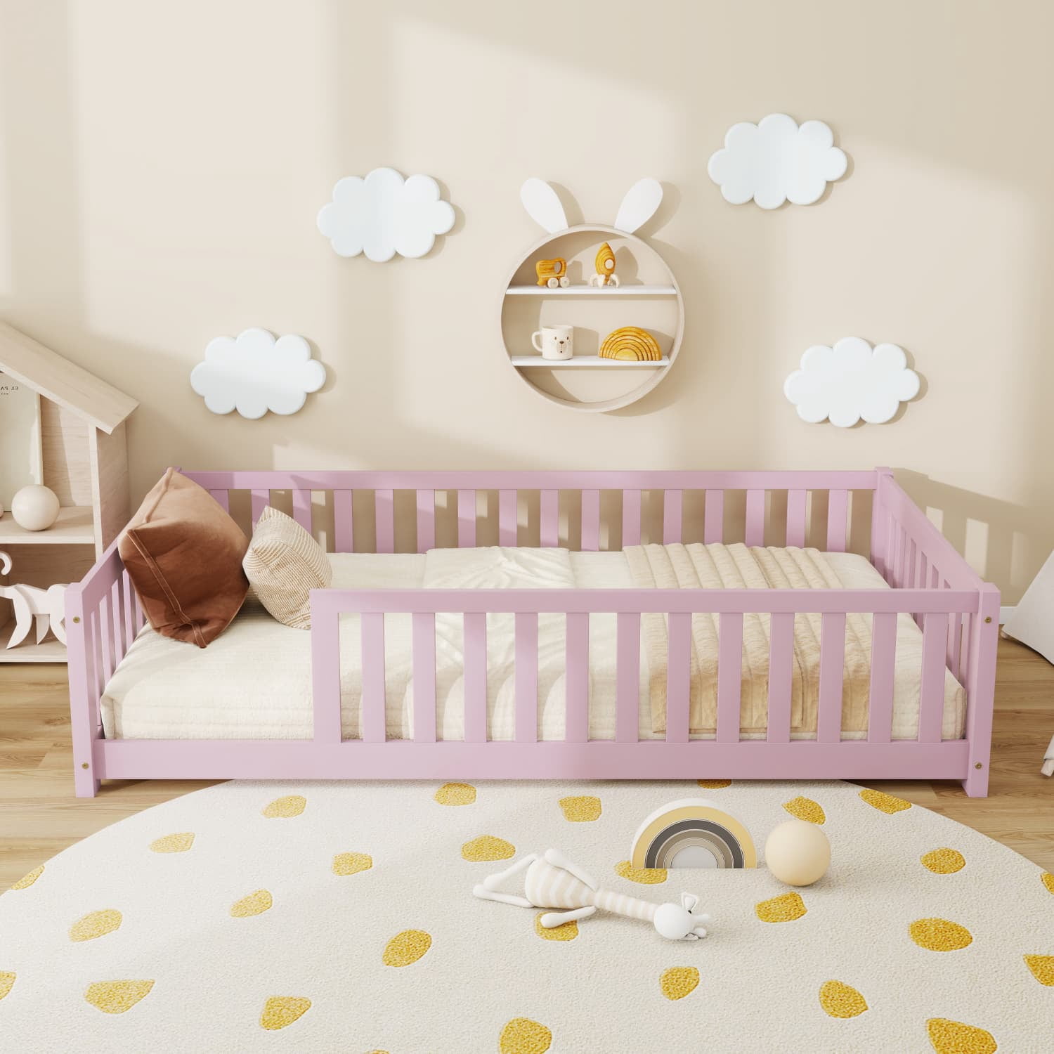 Twin Size Rubber Wood Floor Bed with Full Surround Safety Fence, No-Door Kids Platform Bed with 7 Wood Slats Holds 250LBS Fits ≤6 Inch Mattress