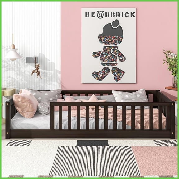 Twin Size Rubber Wood Platform Floor Bed with Guardrails No Box Spring Needed, Espresso for Compact Rooms
