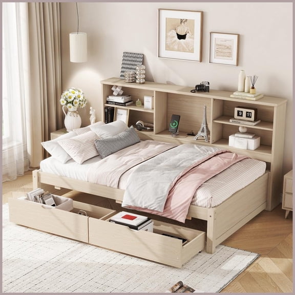Twin Size Rubberwood Platform Bed Frame with Bookshelves, Drawers & USB Ports - Natural for Small Spaces