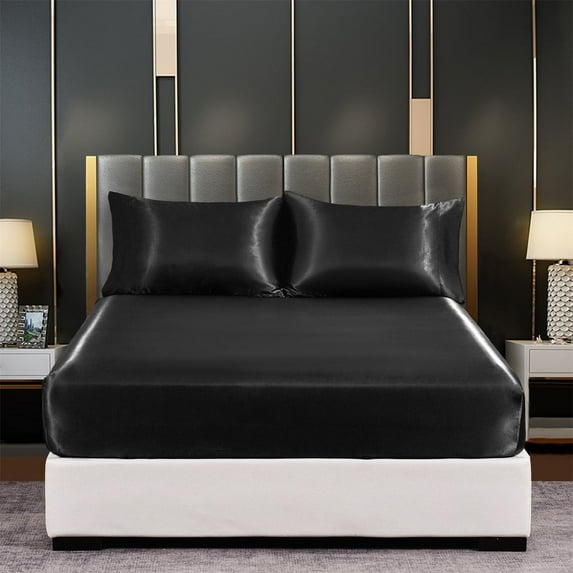 Twin Size Satin Fitted Sheet, Soft and Breathable Deep Pockets Fitted Sheet Only, Wrinkle Free & Fade Resistant,Black