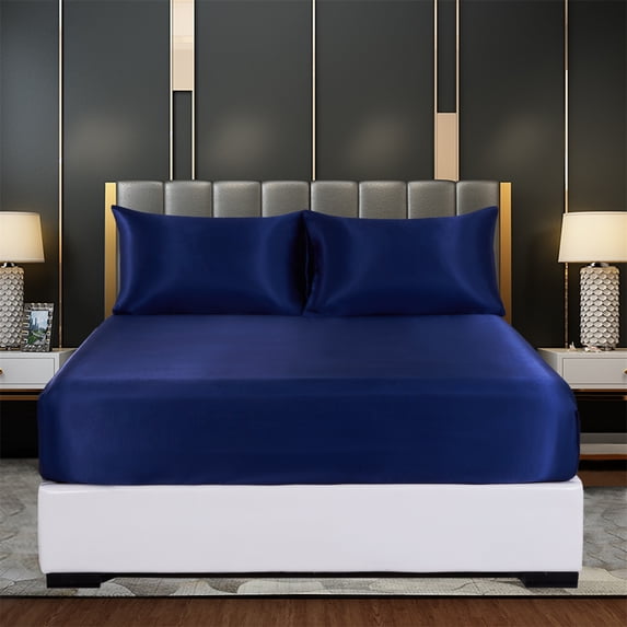 Twin Size Satin Fitted Sheet, Soft and Breathable Deep Pockets Fitted Sheet Only, Wrinkle Free & Fade Resistant,Sapphire Blue