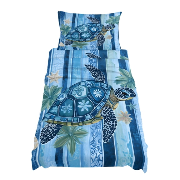 Twin Size Sea Turtle Sheet Sets Floral Leaf Retro Blue Stripes Soft Breathable Microfiber Bed Sheets Deep Pockets 4 Piece Bed Sheets Set, 1 Fitted Sheet, 1 Flat Sheet & 1 Pillowcases