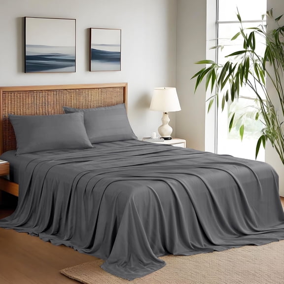 Twin Size Sheet Set, 100% Viscose Derived from Bamboo, Striped Jacquard Ultra Soft Cooling Sheets, 16" Deep Pocket, 3pcs Hotel Luxury Bed Sheets & Pillowcases, Grey