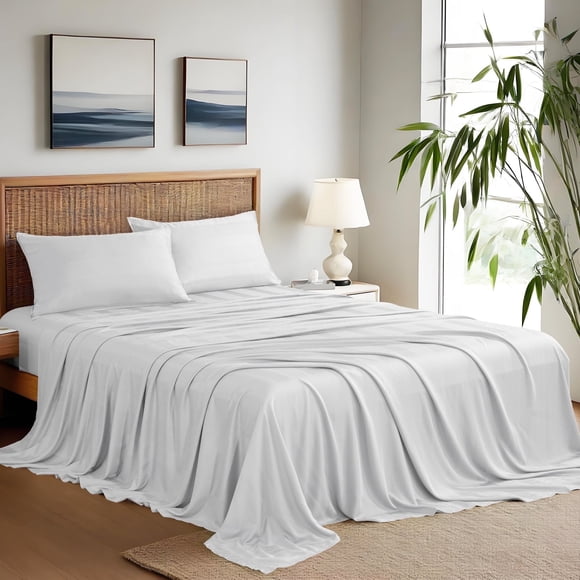 Twin Size Sheet Set, 100% Viscose Derived from Bamboo, Striped Jacquard Ultra Soft Cooling Sheets, 16" Deep Pocket, 3pcs Hotel Luxury Bed Sheets & Pillowcases, White