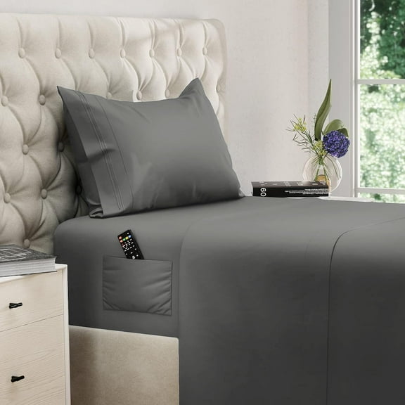 Twin Size Sheet Set, Soft Microfiber 3 Piece Hotel Luxury Bed Sheets with Deep Pockets, Embroidered Pillow Case, Side Storage Pocket Fitted Sheet, Flat Sheet (Gray)