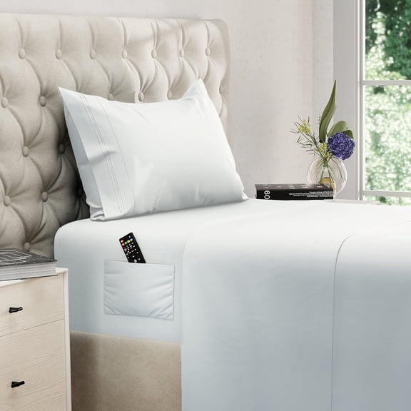 Twin Size Sheet Set, Soft Microfiber 3 Piece Hotel Luxury Bed Sheets with Deep Pockets, Embroidered Pillow Case, Side Storage Pocket Fitted Sheet, Flat Sheet(White)