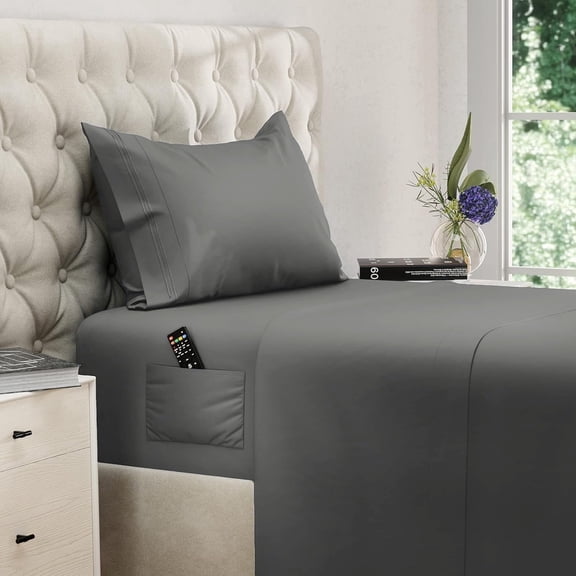 Twin Size Sheet Set, Soft Microfiber 3 Piece Hotel Luxury Bed Sheets with Deep Pockets, Embroidered Pillow Case, Side Storage Pocket Fitted Sheet, Flat Sheet (Gray)