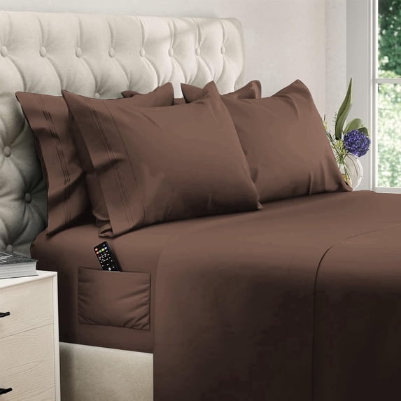 Naiade Twin Size Sheet Set, Soft Microfiber 3 Piece Hotel Luxury Bed Sheets with Deep Pockets, Embroidered Pillow Case, Side Storage Pocket Fitted Sheet, Flat Sheet (Brown)