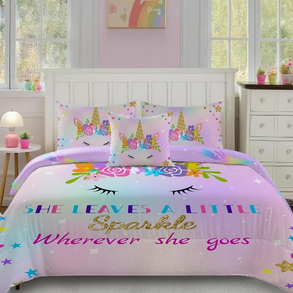 Twin Size Single Comforter Set for Girls, 6-Piece Bed in a Bag, Colorful Unicorn Bedding Comforter Sheet Set, Ultra Soft and Fluffy, Pink
