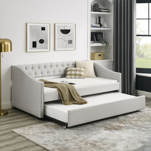 Twin Size Sleeper Sofa, Twin Size Daybed with Twin Size Trundle Upholstered Tufted Sofa Bed, with Button on Back and Copper Nail on Waved Shape Arms, Beige (80.5"x41"x30.5"), Beige Sofa Beds