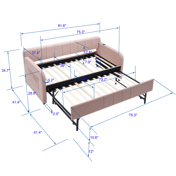 Twin Size Sleeper Sofa, Twin Upholstered Daybed Frame with Trundle, Twin Size Sofa Bed for Bedroom Living Room Guest Room, Wood Slat Support,Pink, Pink Sofa Beds,Mdf+Iron,Velvet Convertible Sofa Beds