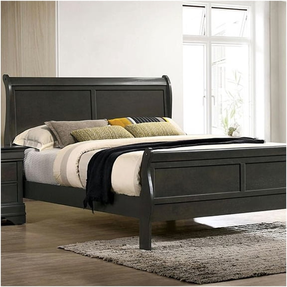 Twin Size Sleigh Bed Frame, Gray Solid Wood Platform Bed with Classic Scroll Headboard & Footboard