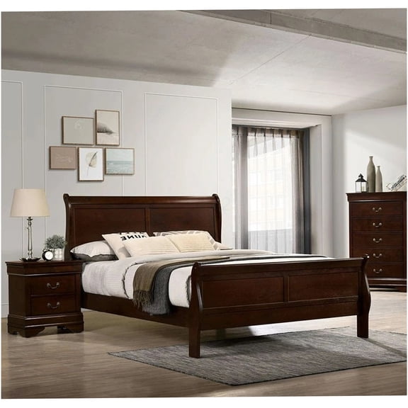 Twin Size Sleigh Bed Frame in Rich Cherry Finish, Solid Wood Construction with Elegant Curved Headboard and Footboard for Master or Guest Bedroom