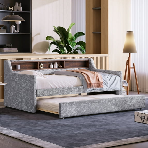 Twin Size Snowflake Velvet Daybed With Trundle And Built-in Storage Shelves For Bedroom Living Room Velvet Twin Sofa Bed