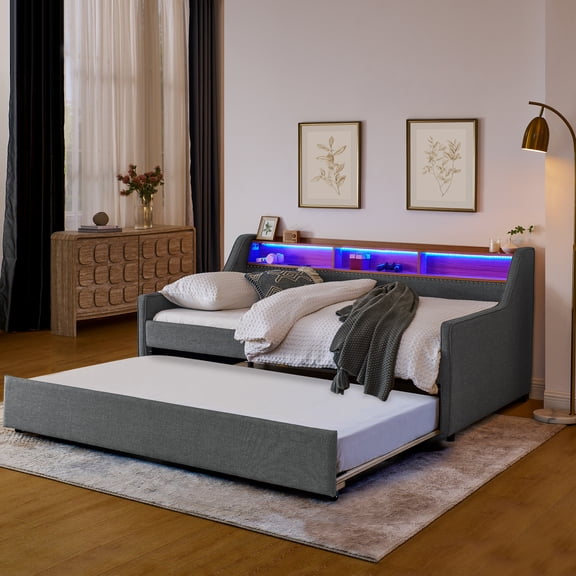 Twin Size Sofa Bed Classic Upholstered with LED Lights Storage Headboard Trundle Bed Wireless Charging for Bedroom Small Spaces Grey Linen