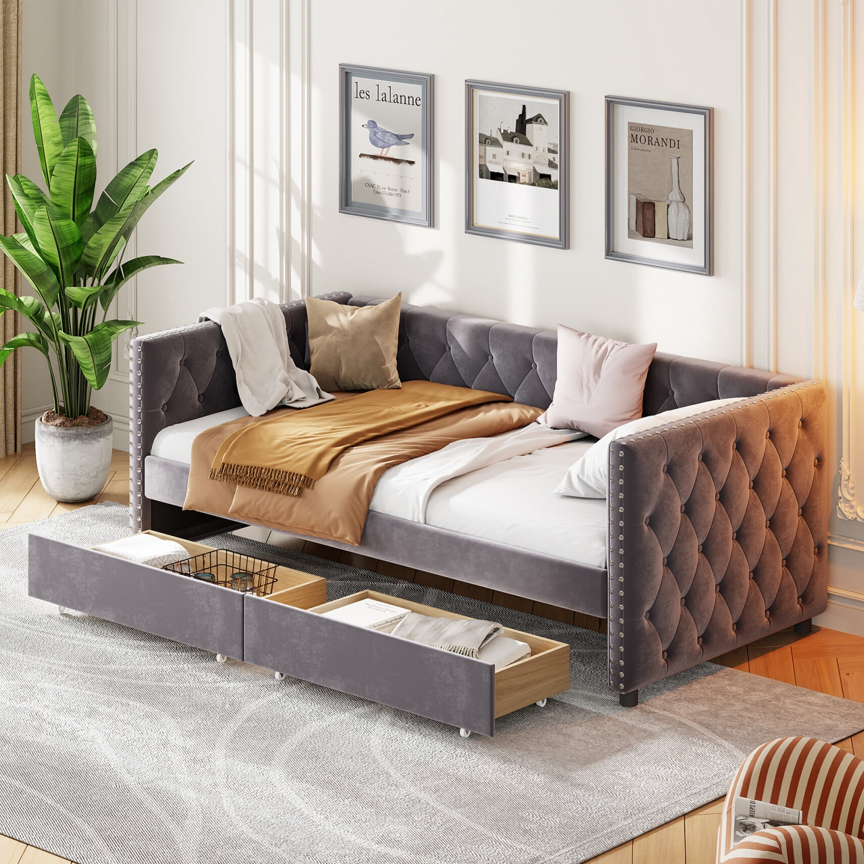 Twin Size Sofa Bed, Velvet Upholstered Modern Sofa Bed Couch with Double Drawer,Sleeper Sofa Bed ...