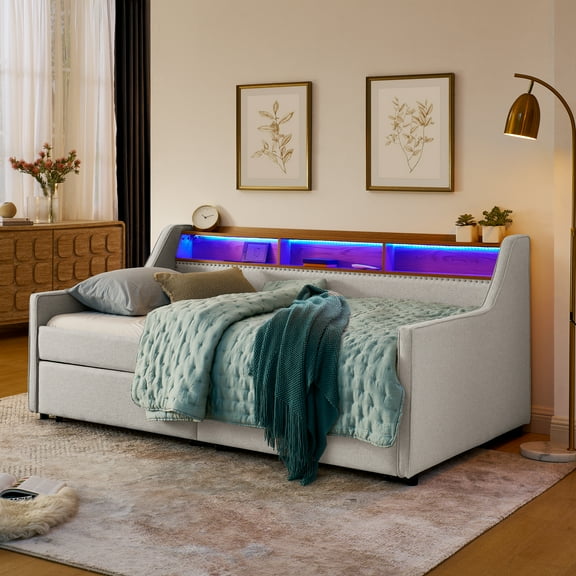 Twin Size Sofa Bed with Wireless Charging, LED Lights, 2 Storage Drawers & Adjustable Headboard, Linen Upholstered Sleeper Sofa for Small Apartment, Beige