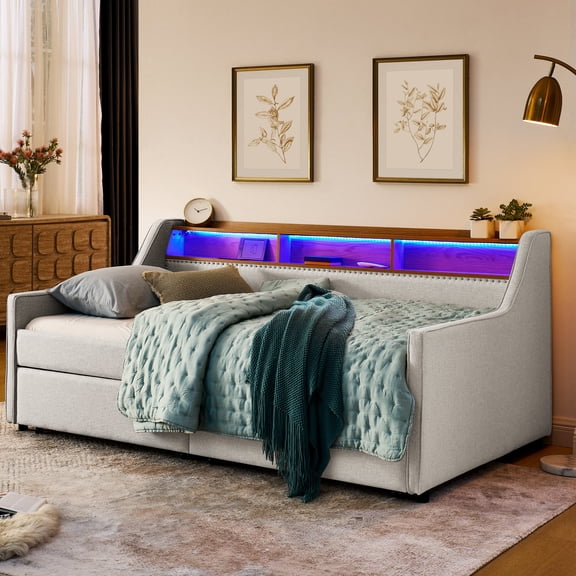 Twin Size Sofa Bed with Wireless Charging and Adjustable Lighting / Bedroom Relaxation