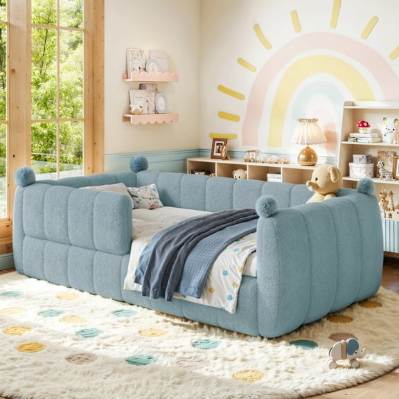 Twin Size Soft Upholstered Floor Bed, Montessori Floor Bed with Full Surround Safety Rails, Low to Ground Bed Frame for Boys Girls, Blue