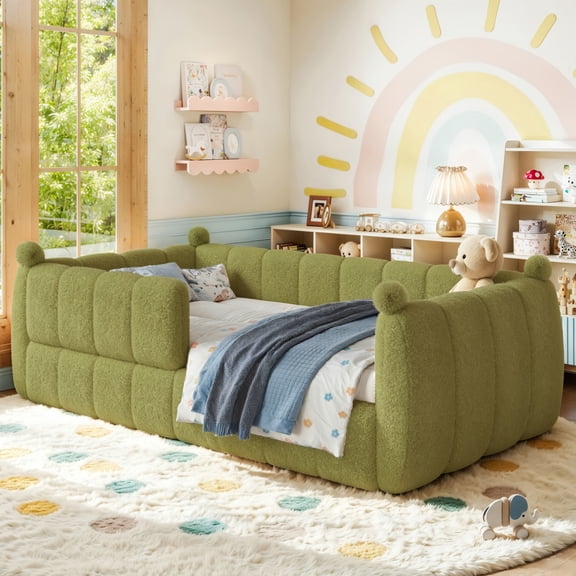 Twin Size Soft Upholstered Floor Bed, Montessori Floor Bed with Full Surround Safety Rails, Low to Ground Bed Frame for Boys Girls, Green
