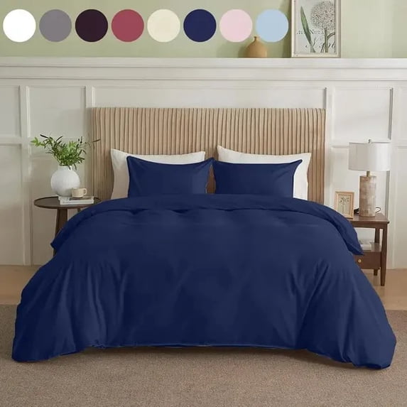 Twin Size Solid Navy Duvet Cover Set, Simply Clean Design with Hidden Zipper & Corner Ties for Bedroom