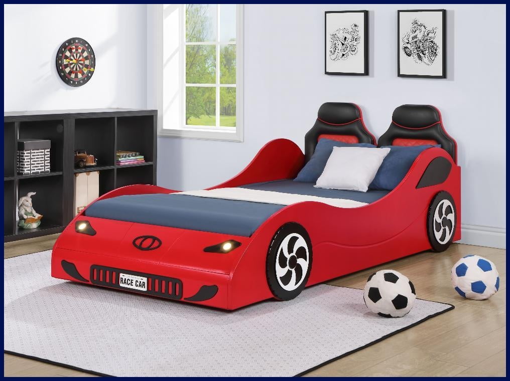 Twin Size Solid Pine Car-Style Platform Bed with LED Lights & No Box Spring Red Finish Bedroom