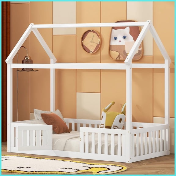 Twin Size Solid Pine House-Shape Platform Bed with Fence & Door, White Distressed Washed Design