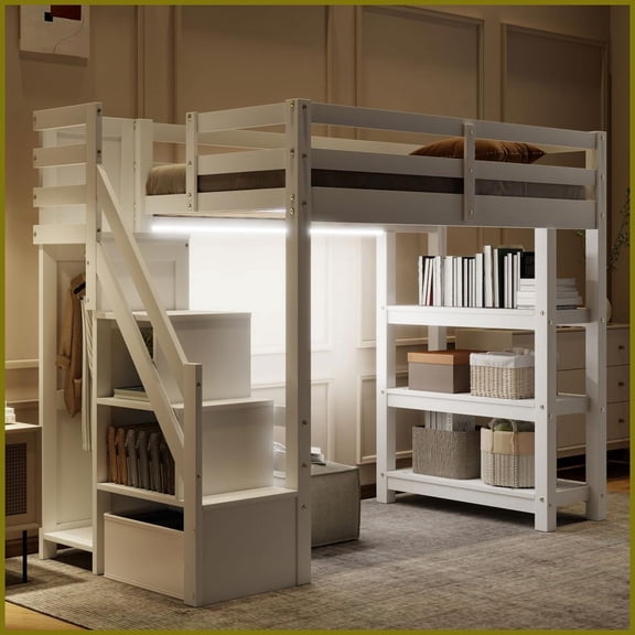 Twin Size Solid Pine Loft Bed with Storage Staircase, Shelves & LED Light, White - No Box Spring Needed