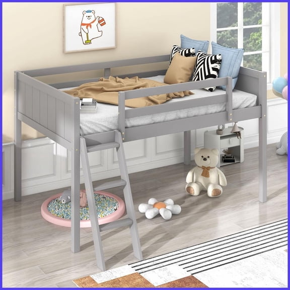 Twin Size Solid Pine Wood Low Loft Bed with Adjustable Ladder & Shock-Absorbing Slide, No Box Spring Needed, Gray