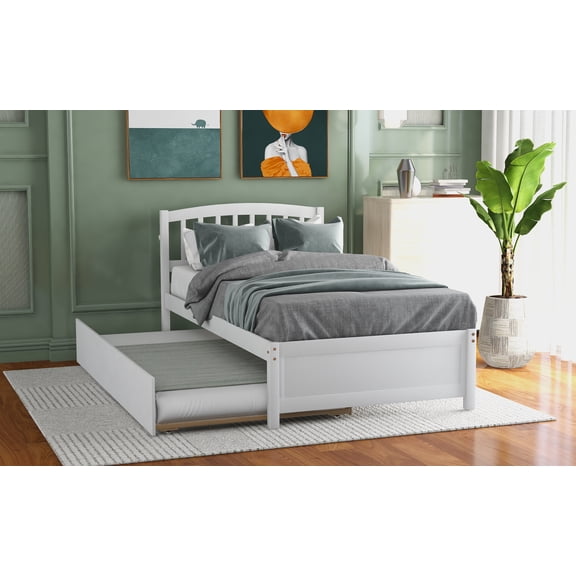 Twin Size Solid Pine Wood Platform Bed Frame with Roll-Out Trundle, Elegant White Finish, No Box Spring Needed, Perfect for Guest Rooms & Small Spaces