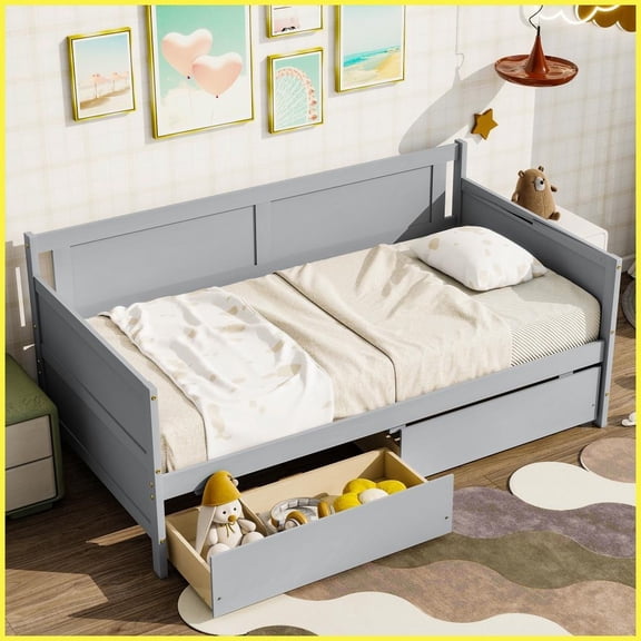 Twin Size Solid Pine Wood Storage Daybed, No Box Spring Needed, Grey for Guest/Living Room