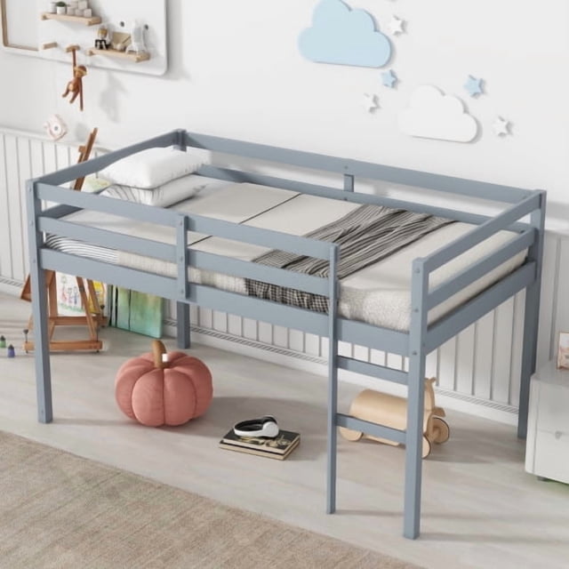 Twin Size Solid Rubber Wood Loft Bed with Ladder, Strengthened Wood ...