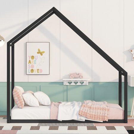 Twin Size Solid & Sturdy Metal Tent Bed with Roof Design for Toddlers, House Beds with Versatile Design, Metal Loft Bed Frame Bedroom Furniture for Girls Boys, No Box Spring Needed(Black)