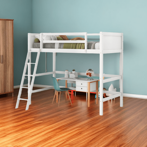 Twin Size Solid Wood Loft Bed with Ladder&Safety Guardrail,Space-Saving Design&Built in Solid Slat Support for Boys/Girls/Teens Bedroom,No Spring Box Needed