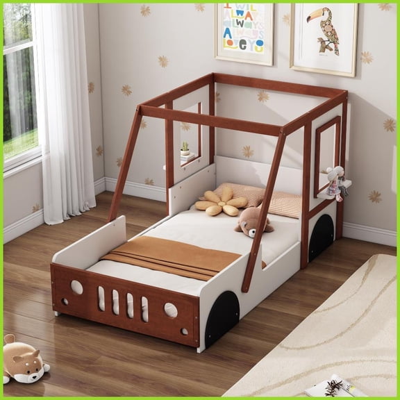 Twin Size Solid Wood Platform Bed Frame, No Box Spring Needed, White & Orange Car-Shaped for Teens