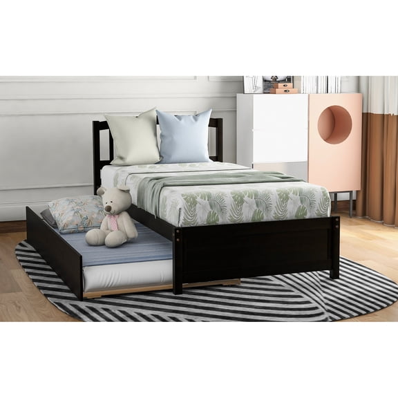 Twin Size Solid Wood Platform Bed With Trundle - Space Design Finish For A Calming Bedroom Environment