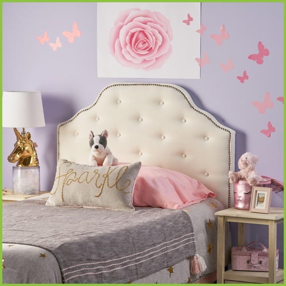 Twin Size Solid Wood Upholstered Headboard with Adjustable Metal Legs, Linen-like Fabric Button Tufted Design with Nailhead Trim for Bedroom